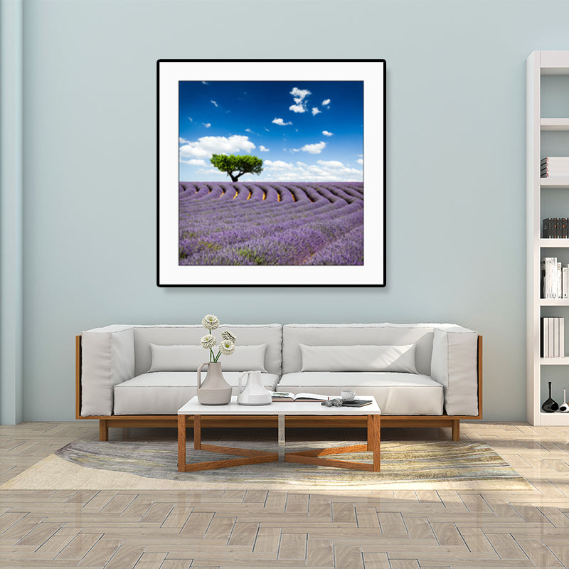 Farmhouse Lavender Landscape Painting Dark Color Living Room Wall Art Print, Textured