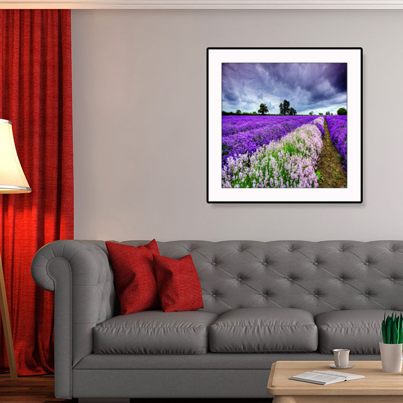 Farmhouse Lavender Landscape Painting Dark Color Living Room Wall Art Print, Textured