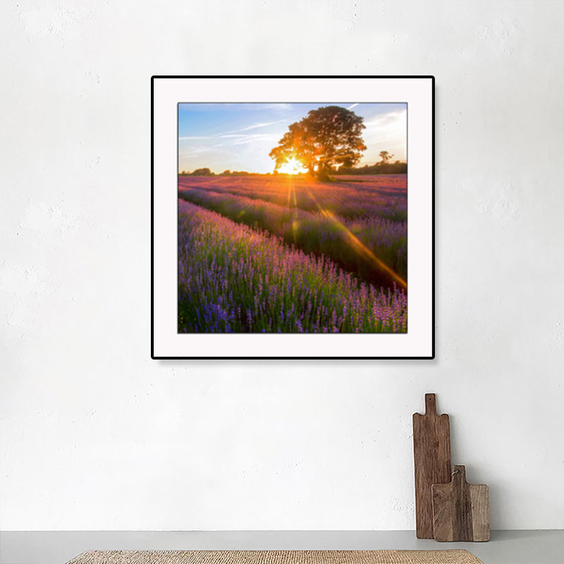 Farmhouse Lavender Landscape Painting Dark Color Living Room Wall Art Print, Textured