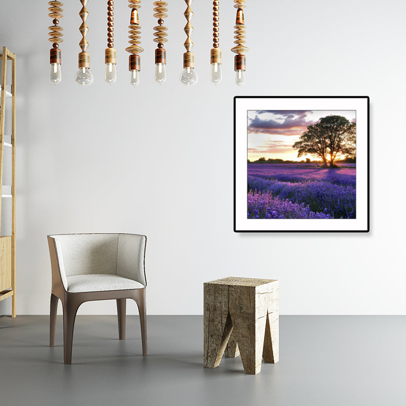 Farmhouse Lavender Landscape Painting Dark Color Living Room Wall Art Print, Textured