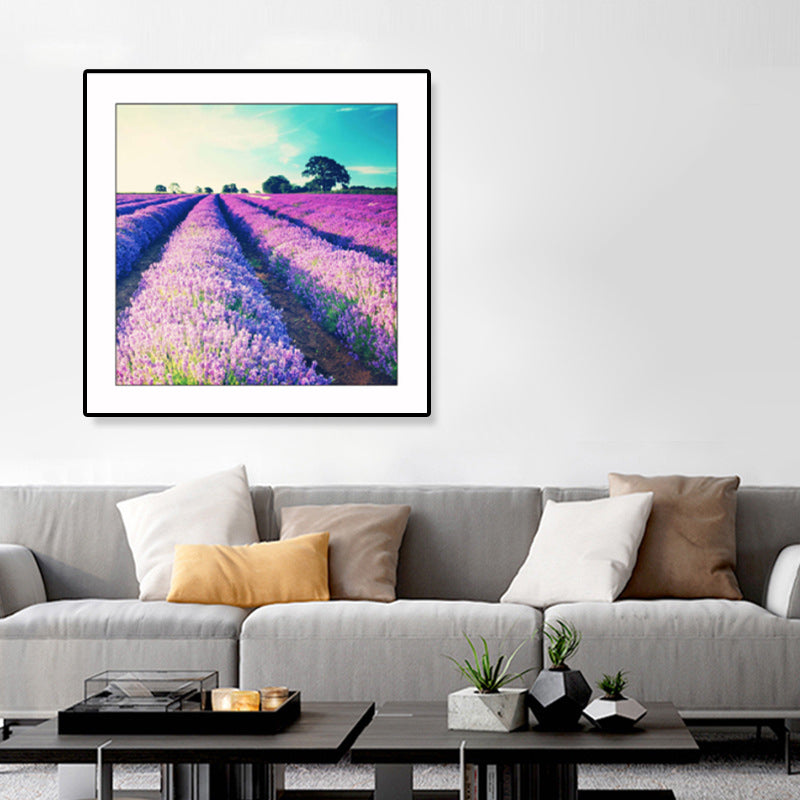 Farmhouse Lavender Landscape Painting Dark Color Living Room Wall Art Print, Textured