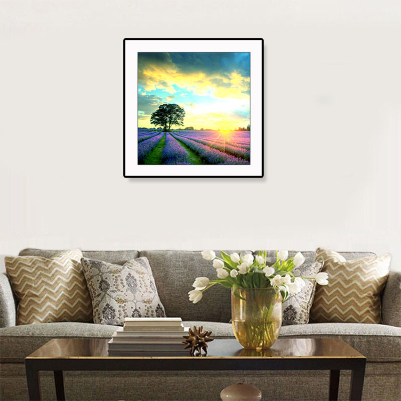 Farmhouse Lavender Landscape Painting Dark Color Living Room Wall Art Print, Textured