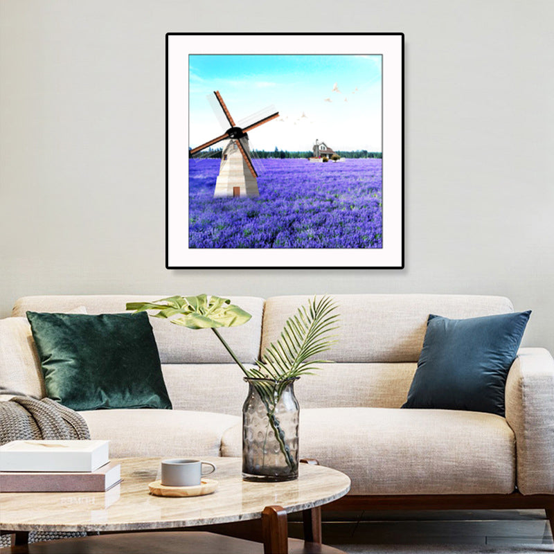 Farmhouse Lavender Landscape Painting Dark Color Living Room Wall Art Print, Textured