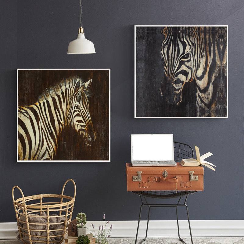 Retro Painting Print Zebra Canvas Brown Textured Wall Art Decor for Sitting Room