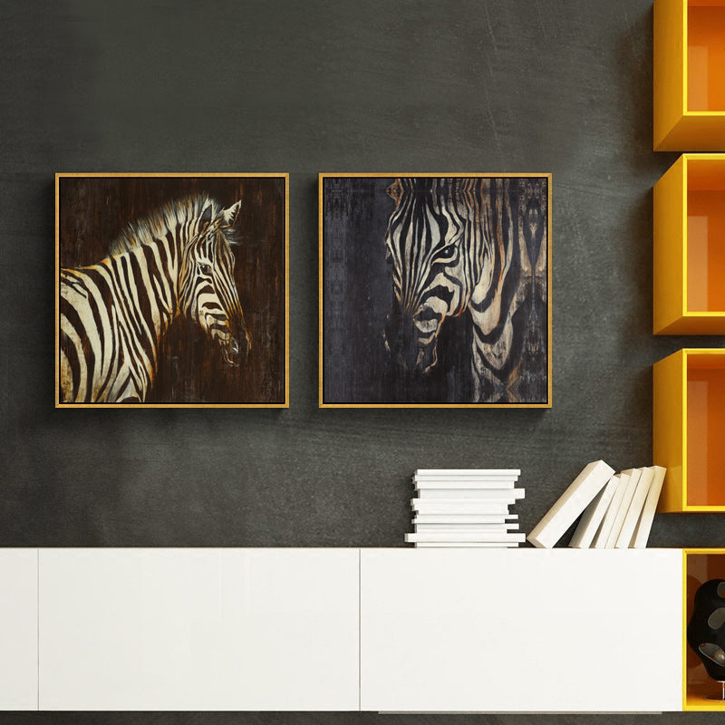 Retro Painting Print Zebra Canvas Brown Textured Wall Art Decor for Sitting Room