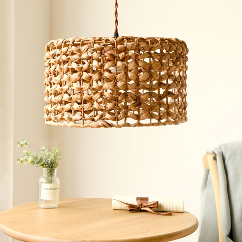 Drum Cottage Hotel Suspension Light Rattan 1 Light Asian Asian Élégant pendentif en beige