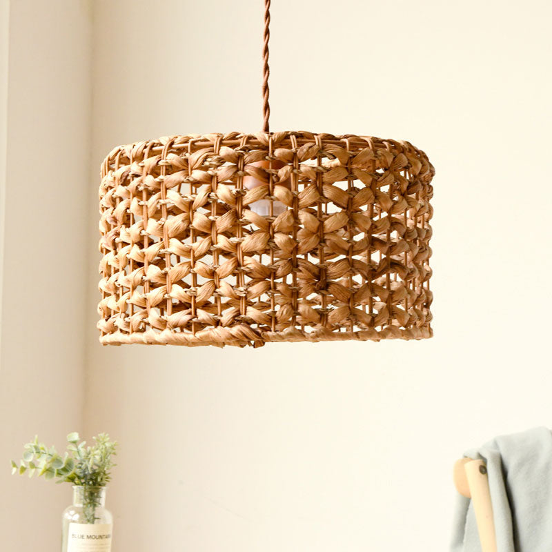 Drum Cottage Hotel Suspension Light Rattan 1 Light Asian Asian Élégant pendentif en beige