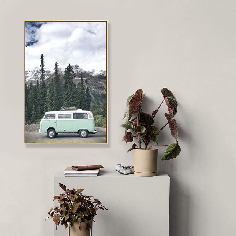 Mini Van in Forest Canvas Print Contemporary Textured Drawing Room Wall Art Decor