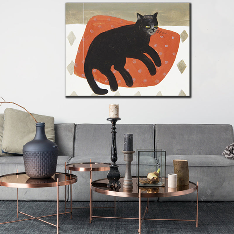 Cat on Pillow Wall Decor Modern Domestic Animal Wrapped Canvas in Red for Family Room