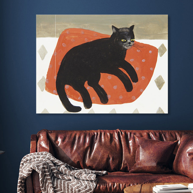 Cat on Pillow Wall Decor Modern Domestic Animal Wrapped Canvas in Red for Family Room