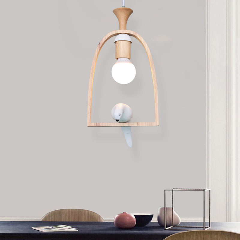 Open Bulb Restaurant Hanging Light Wood 1 Head Pendant Light with Pigeon in White