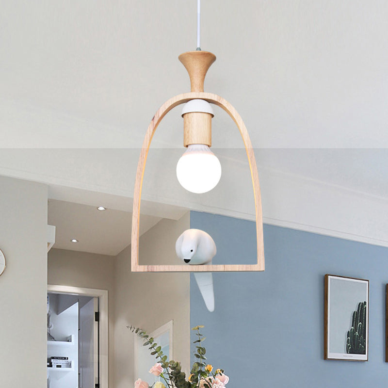 Open Bulb Restaurant Hanging Light Wood 1 Head Pendant Light with Pigeon in White