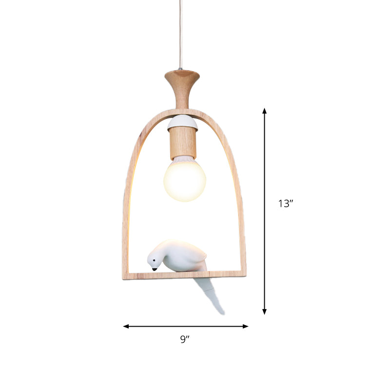 Open Bulb Restaurant Hanging Light Wood 1 Head Pendant Light with Pigeon in White