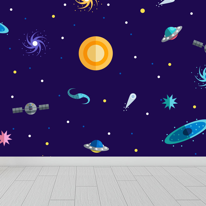 Pastel Color Spaceship Scenery Mural Stain-Proofing Wall Covering for Living Room