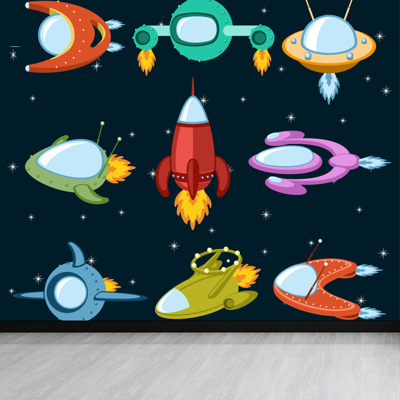 Pastel Color Spaceship Scenery Mural Stain-Proofing Wall Covering for Living Room