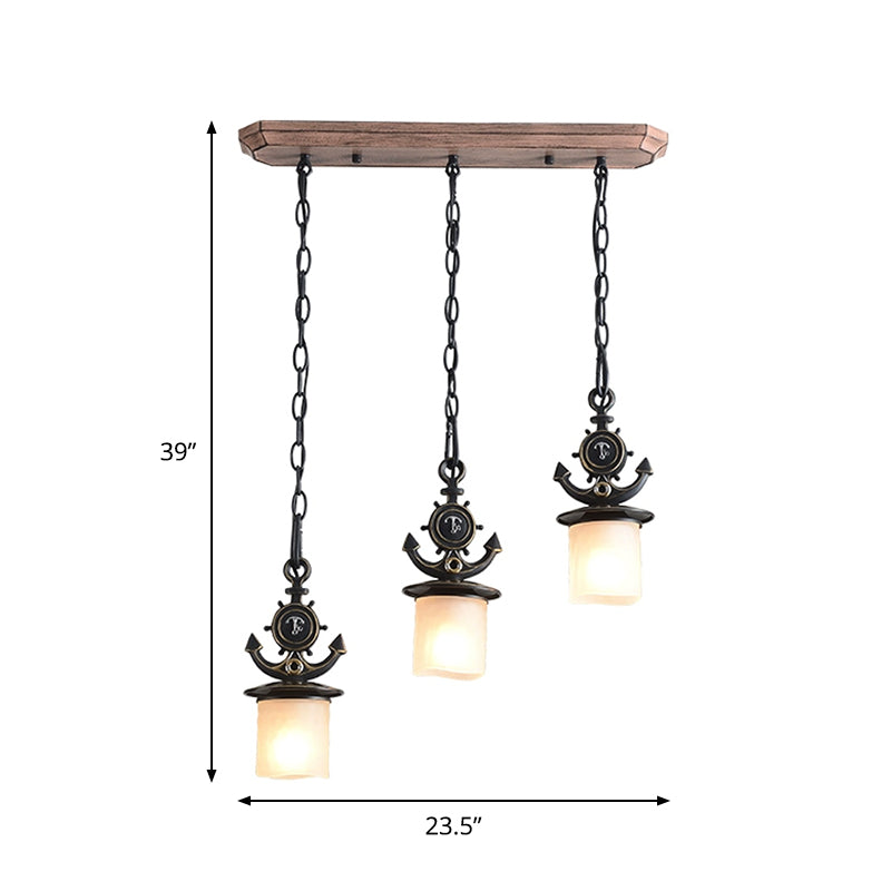 Black Cylinder Cluster Pendant Light Kids 3 Bulbs White Glass Hanging Lamp Kit with Anchor Top