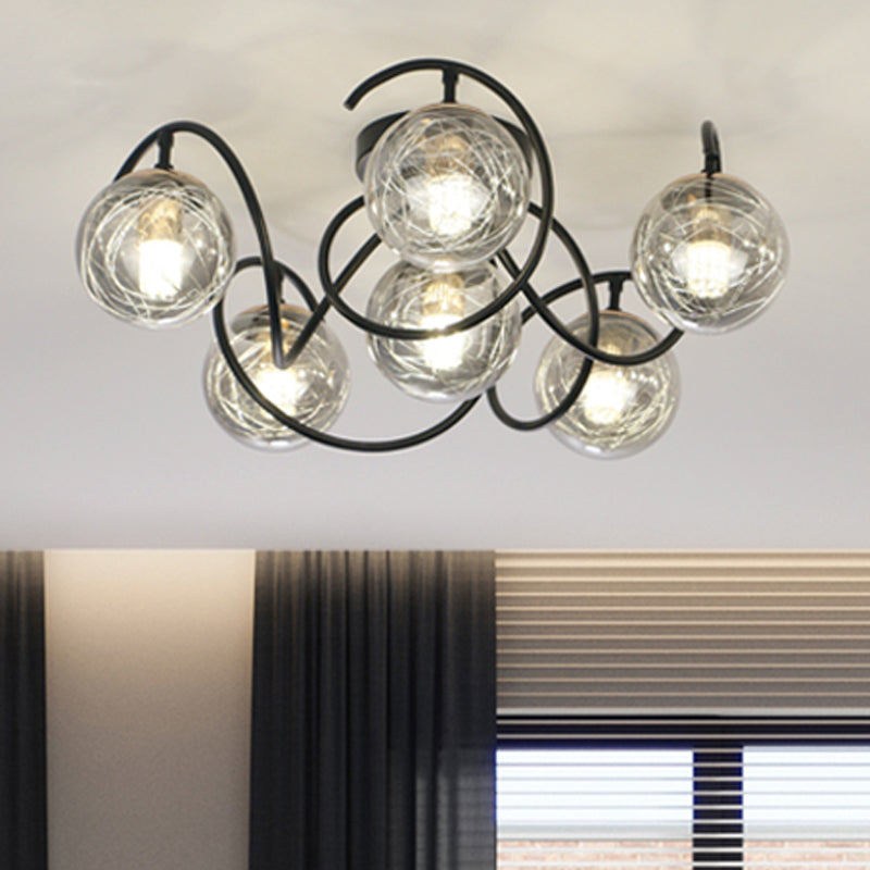 6 bollen Dekschakelkamer plafondlamp eenvoudig Black Semi Flush Mount met Global Clear/Smoke Gray Glass Shade