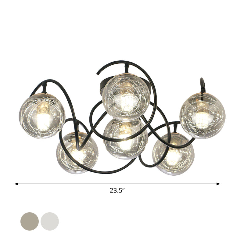 6 Bulbs Drawing Room Ceiling Lamp Simple Black Semi Flush Mount with Global Clear/Smoke Gray Glass Shade