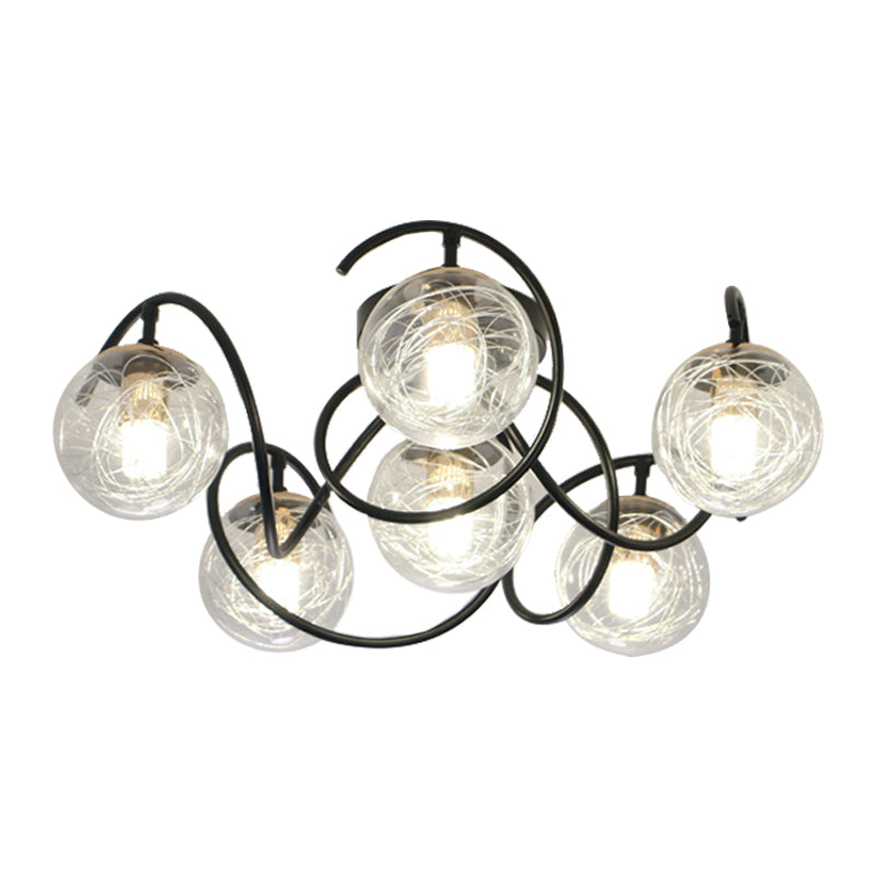 6 bollen Dekschakelkamer plafondlamp eenvoudig Black Semi Flush Mount met Global Clear/Smoke Gray Glass Shade