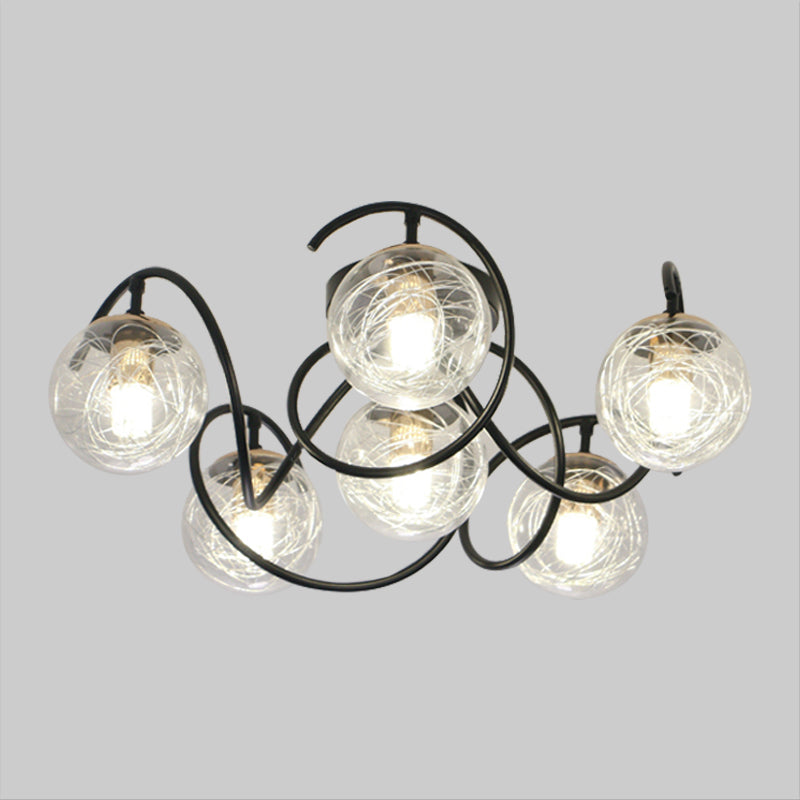 6 bollen Dekschakelkamer plafondlamp eenvoudig Black Semi Flush Mount met Global Clear/Smoke Gray Glass Shade