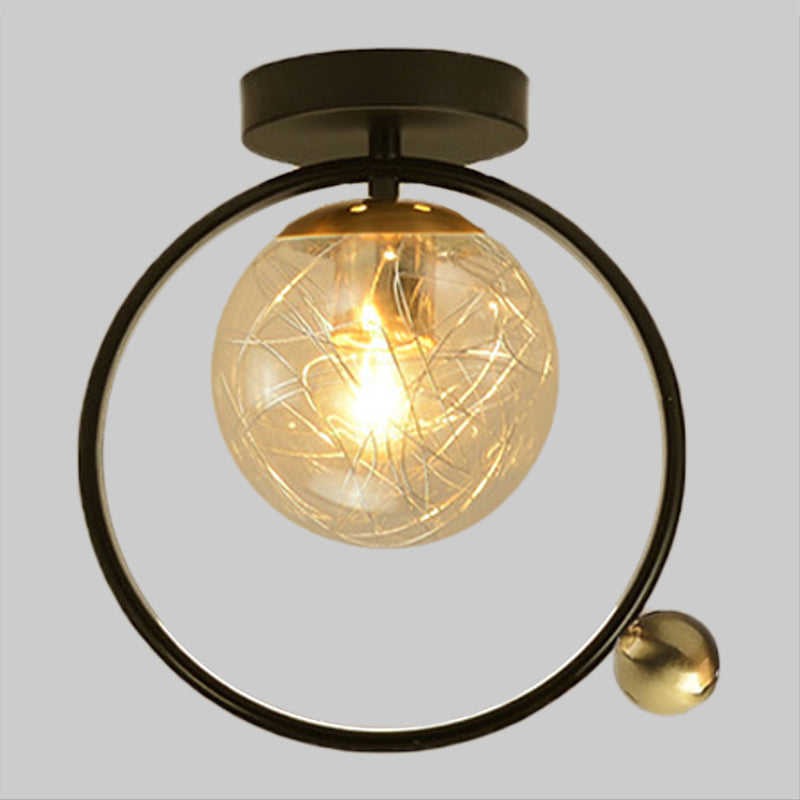 Spherical Semi Flush Light Contemporary Clear Glass Single Bulb Black Ceiling Mounted Fixture with Globe/Bird Decor