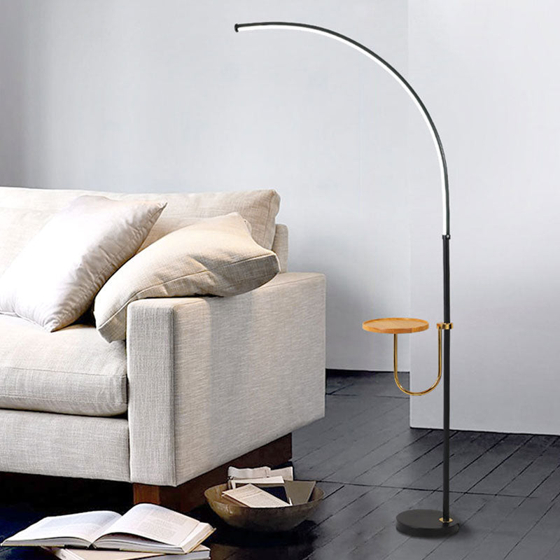 Bent Metallic Standing Lighting Contemporary LED Black Floor Lamp with Table Design in Warm/White Light