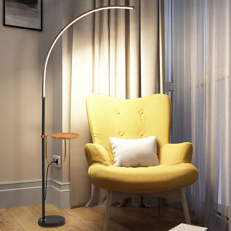 Bent Metallic Standing Lighting Contemporary LED Black Floor Lamp with Table Design in Warm/White Light