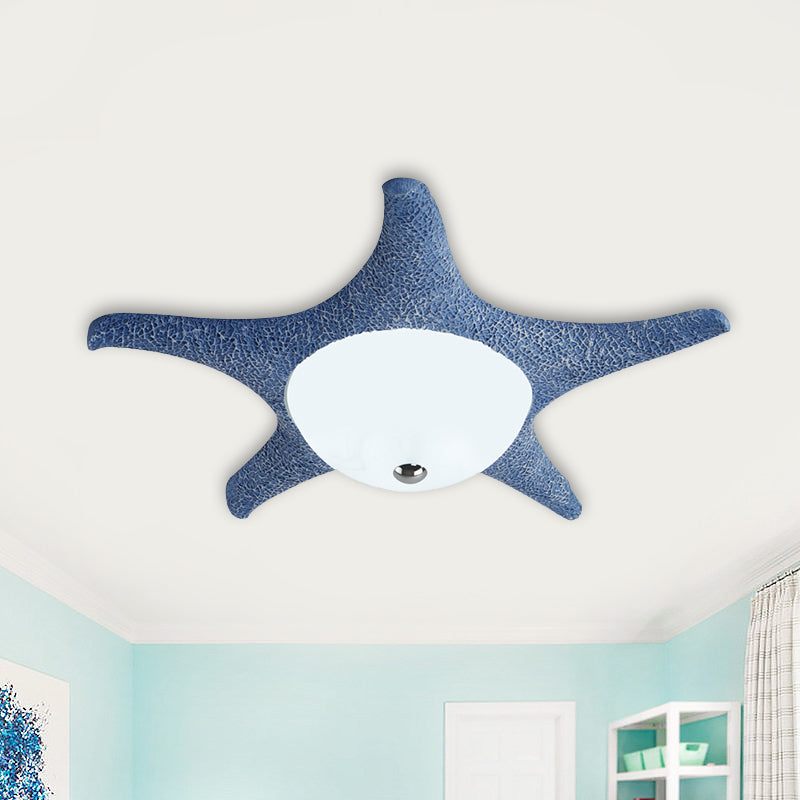 Starfish Flush Mount Lamp Kids Resin LED Blue Ceiling Light Fixture with Dome White Glass Shade