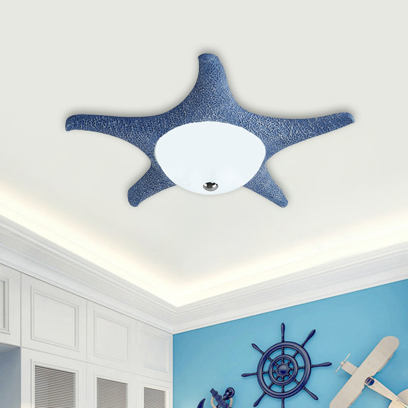 Starfish Flush Mount Lamp Kids Resin LED Blue Ceiling Light Fixture with Dome White Glass Shade