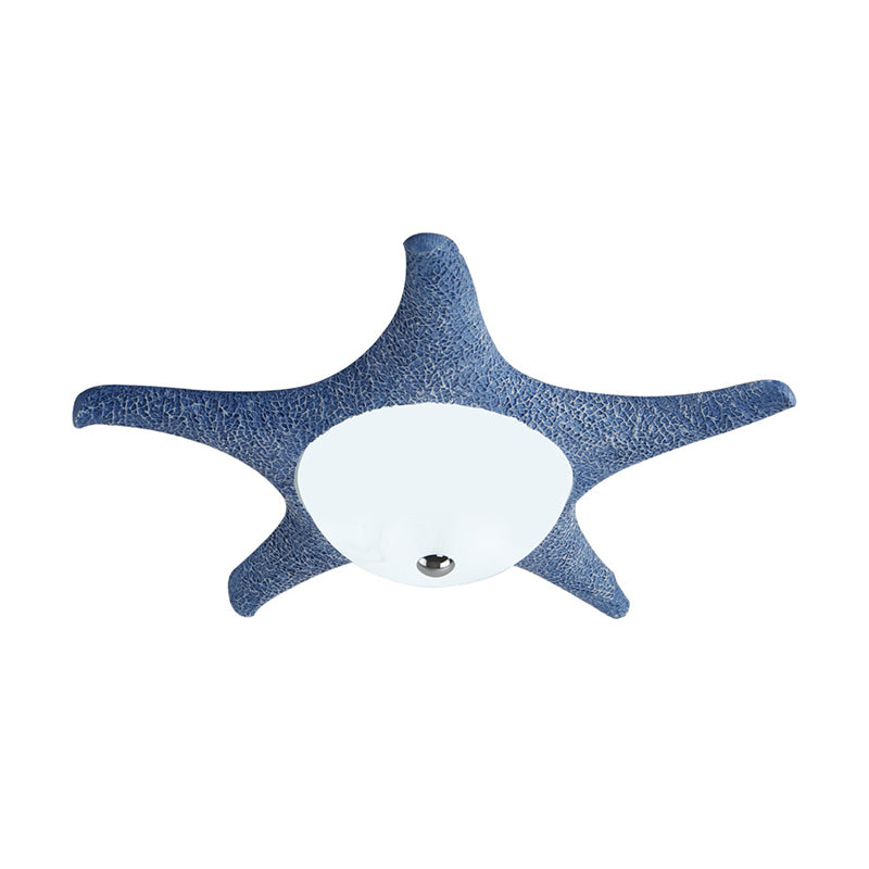 Starfish Flush Mount Lamp Kids Resin LED Blue Ceiling Light Fixture with Dome White Glass Shade