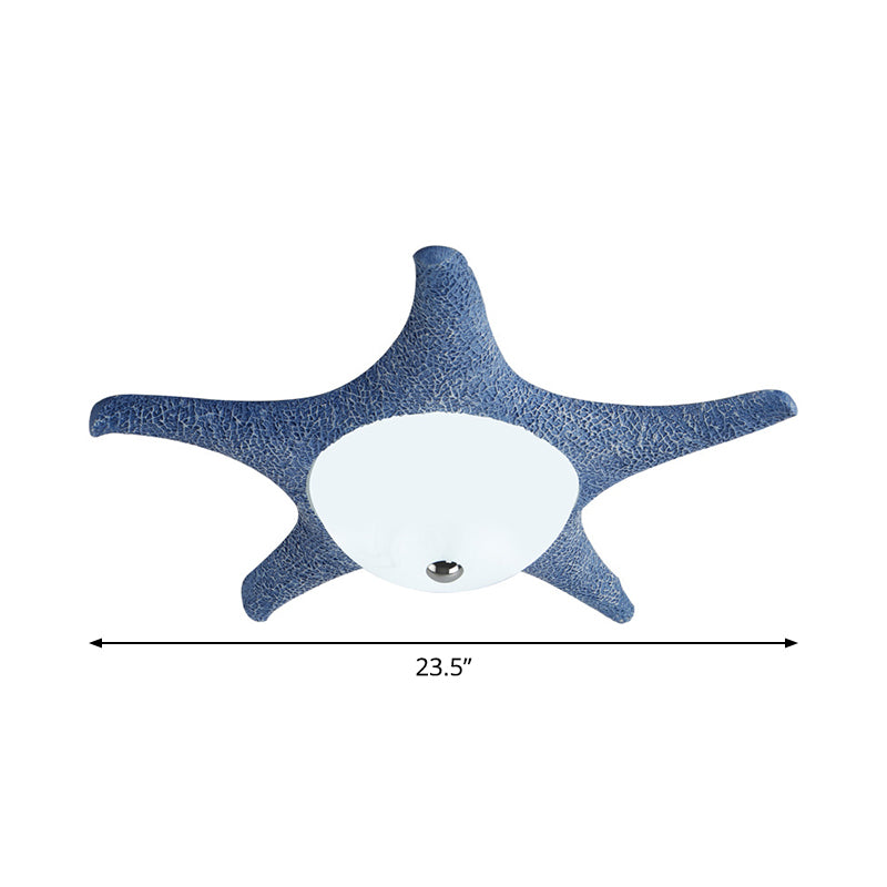 Starfish Flush Mount Lamp Kids Resin LED Blue Ceiling Light Fixture with Dome White Glass Shade