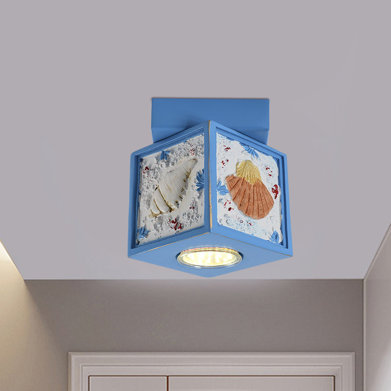 Cubic Corridor Ceiling Fixture Resin 1-Light Kids Flush Mount Lighting with Shell Design in Blue/Light Blue