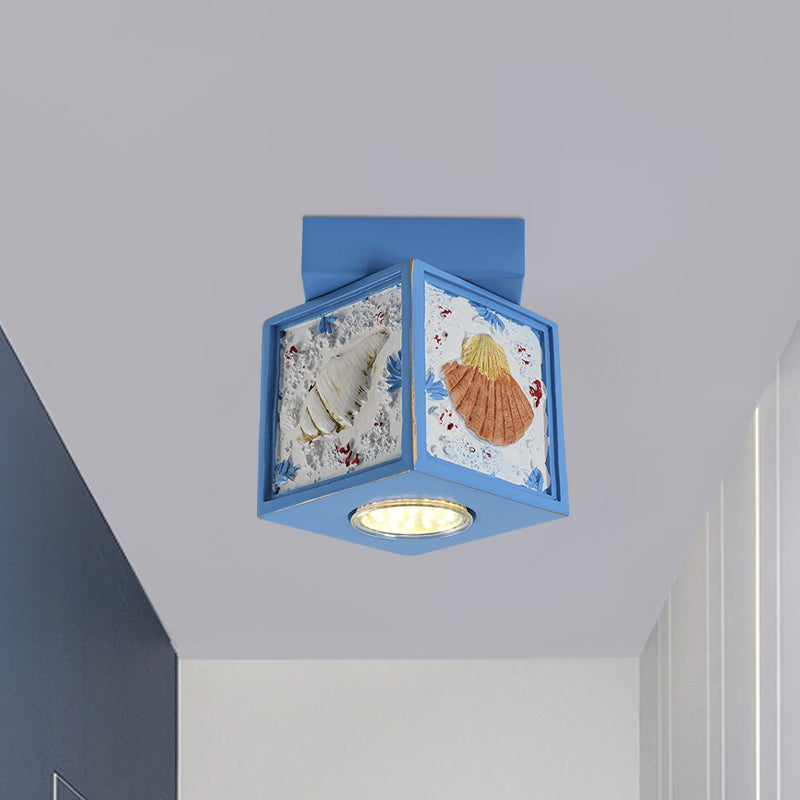 Cubic Corridor Ceiling Fixture Resin 1-Light Kids Flush Mount Lighting with Shell Design in Blue/Light Blue