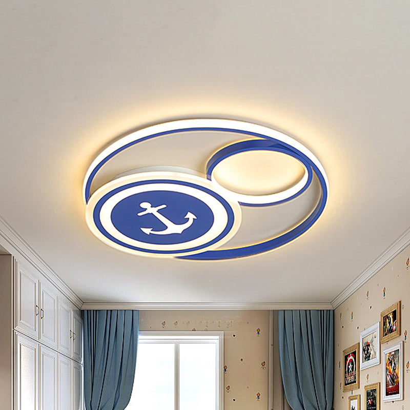 Round Close to Ceiling Lighting Mediterranean Acrylic LED Blue Flush Light Fixture with Anchor Pattern