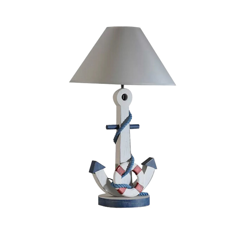 Conical Fabric Task Lighting Kids Single Blub White Desk Lamp with Anchor Wooden Base