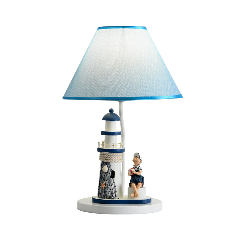 Conical Task Lighting Kids Style Fabric 1-Head Bedroom Table Light with Boy/Girl and Lighthouse Deco in Blue