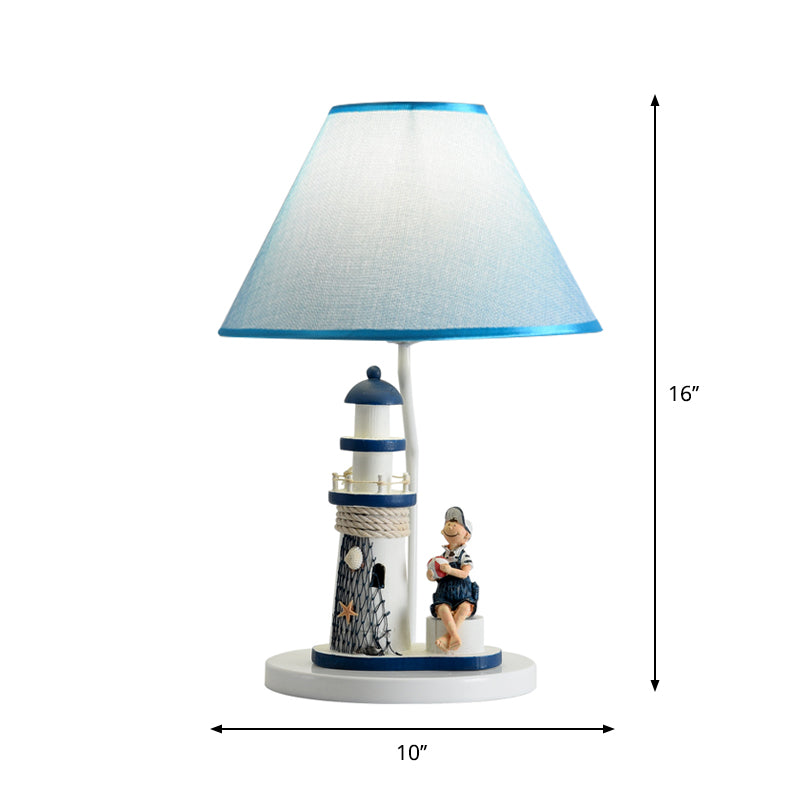 Conical Task Lighting Kids Style Fabric 1-Head Bedroom Table Light with Boy/Girl and Lighthouse Deco in Blue