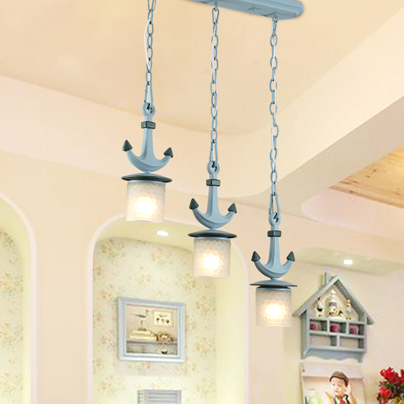 Cylindrical Playroom Pendant Lamp Dimpled Glass 3 Bulbs Modernism Multiple Ceiling Light in Blue, Linear/Round Canopy