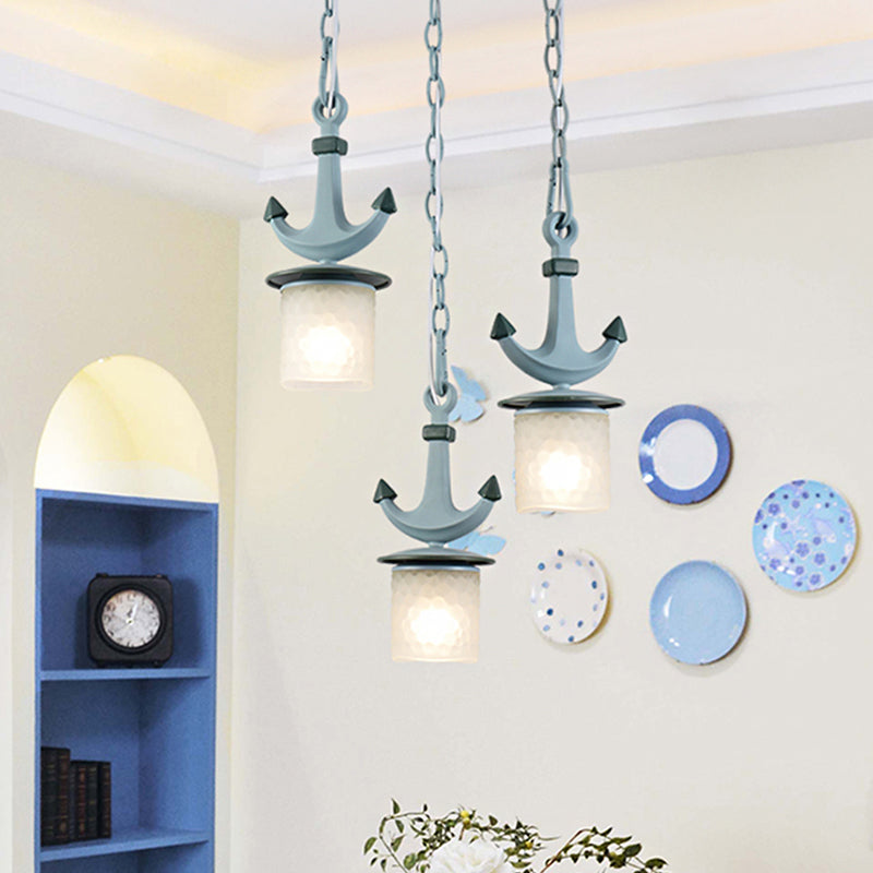 Cylindrical Playroom Pendant Lamp Dimpled Glass 3 Bulbs Modernism Multiple Ceiling Light in Blue, Linear/Round Canopy