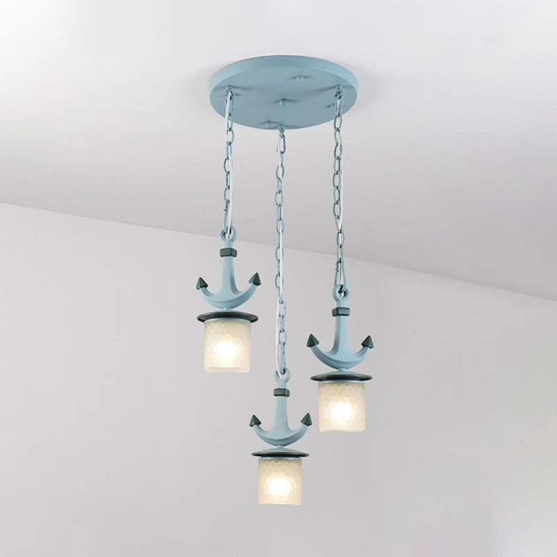 Cylindrical Playroom Pendant Lamp Dimpled Glass 3 Bulbs Modernism Multiple Ceiling Light in Blue, Linear/Round Canopy