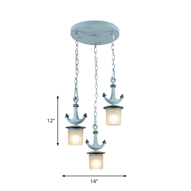 Cylindrical Playroom Pendant Lamp Dimpled Glass 3 Bulbs Modernism Multiple Ceiling Light in Blue, Linear/Round Canopy