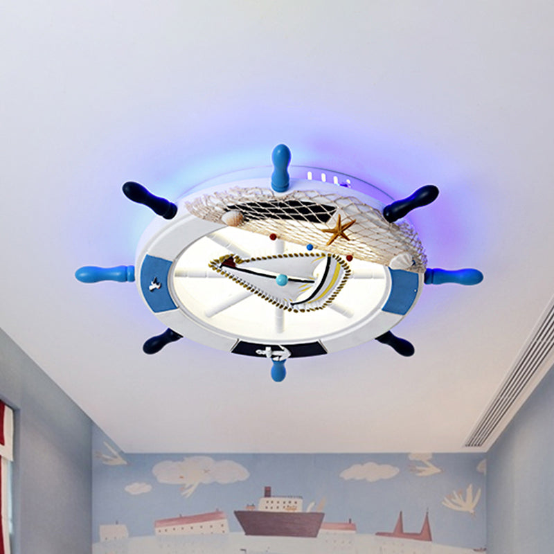 Acrylic Circle Flush Mount Light Nautical LED Ceiling Fixture with Wood Rudder Deco in Blue