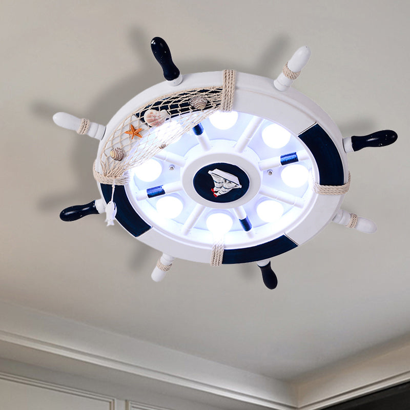 Acrylic Circle Flush Mount Light Nautical LED Ceiling Fixture with Wood Rudder Deco in Blue