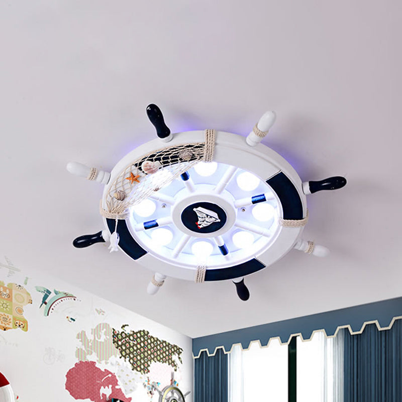 Acrylic Circle Flush Mount Light Nautical LED Ceiling Fixture with Wood Rudder Deco in Blue