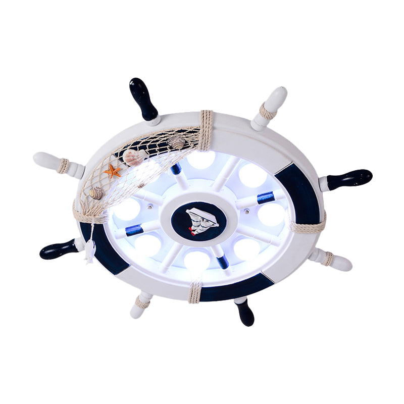 Acrylic Circle Flush Mount Light Nautical LED Ceiling Fixture with Wood Rudder Deco in Blue