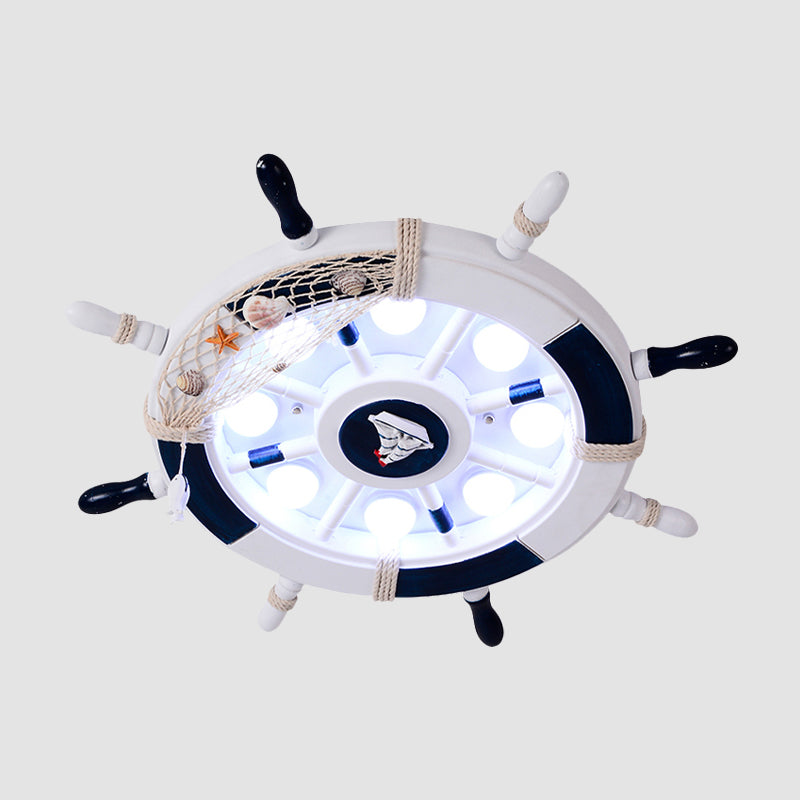 Acrylic Circle Flush Mount Light Nautical LED Ceiling Fixture with Wood Rudder Deco in Blue