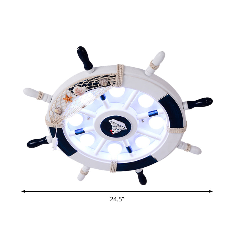 Acrylic Circle Flush Mount Light Nautical LED Ceiling Fixture with Wood Rudder Deco in Blue