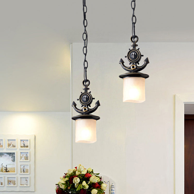 Column/Bell Ceiling Hang Fixture Nordic Opal Glass 1-Head Black Suspension Pendant with Anchor Top, 4"/13" Width