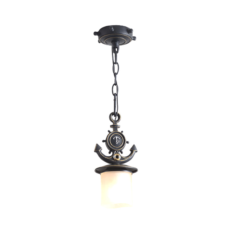 Column/Bell Ceiling Hang Fixture Nordic Opal Glass 1-Head Black Suspension Pendant with Anchor Top, 4"/13" Width