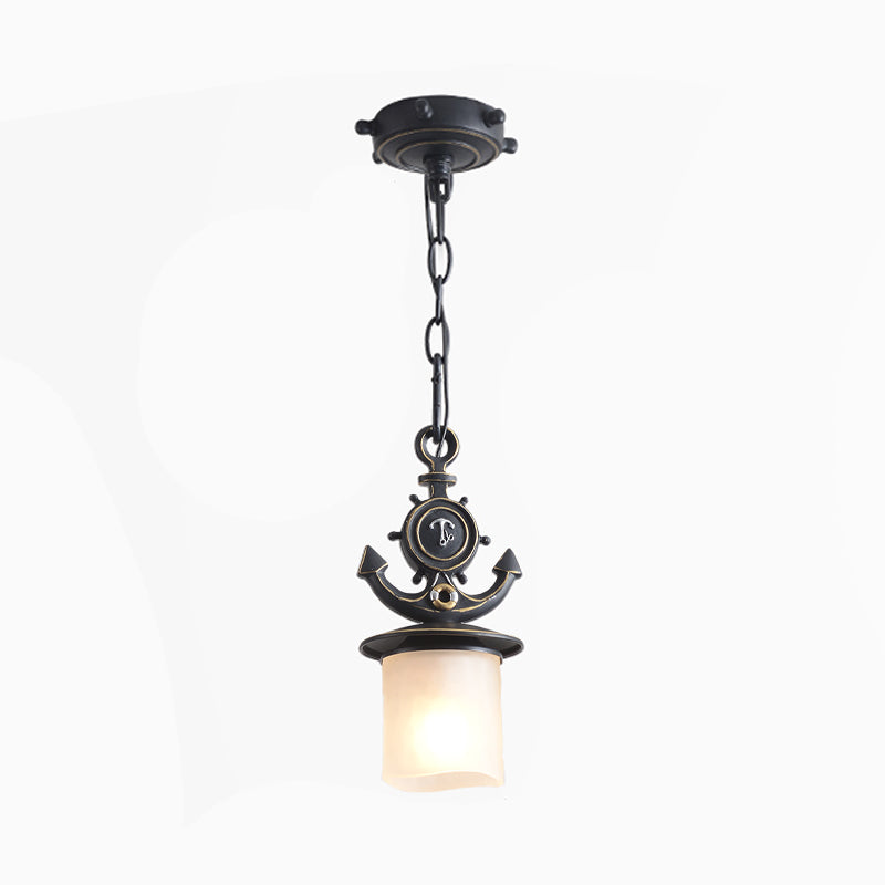 Column/Bell Ceiling Hang Fixture Nordic Opal Glass 1-Head Black Suspension Pendant with Anchor Top, 4"/13" Width